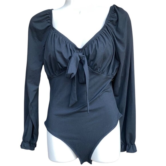 Black Tie Front Long Sleeve Bodysuit Sz S Whimsigoth Coquette Chic Basic Stretch - Picture 2 of 9